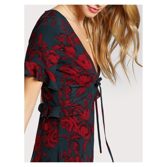 Multicolor Floral V Neck Frill Mini Dress - Picture 4 of 5